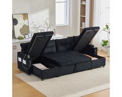 OKWISH Zitbank – 4-Zits Met Tweezijdige Chaiselongues – Ribfluweel Met Opbergruimte, Bekerhouders En USB‑C – Uittrekbare Slaapfunctie – Zwart