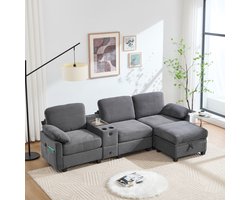 OKWISH Zitbank - Ruime Bank met Memory Foam en USB-C met 2 Bekerhouders en Lade - Verplaatsbare Middenconsole en Opbergpoef - Ribfluweel - Donkergrijs