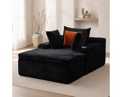 OKWISH Zwarte chaise longue sofa: boneless sleeping sofa, modern cloud sofa zonder montage, comfortabele bank voor woonkamer met 3 kussens en 1 deken, ribstof