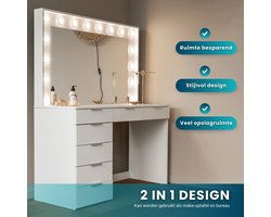 OKworld Kaptafel met Spiegel - Cosmeticatafel met 16 Dimbare LED Lampen - 147x120x47CM - Make Up Tafel met 7 Lades - Modern & Vintage Hollywood Cosmetica Kast - Make-Up Opbergkast - Wit