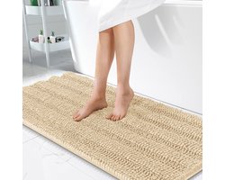Olanly Badmat Antislip – Chenille Lang Douchemat – Rubberen Achterkant – Badmat Badkamer – Beige – 61X120cm