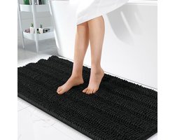 Olanly Badmat Antislip – Chenille Lang Douchemat – Rubberen Achterkant – Badmat Badkamer – Zwart – 61X120cm
