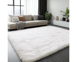 Olanly Woonkamerkleed - Kunstbont Vloerkleed- Hoogpolig- Pluizig En Zacht Klein Tapijt- 153x214cm -Rechthoekig - Wit