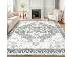 Olanly Woonkamerkleed - Zacht Bloemmotief Tapijt - Machinewasbaar Vintage Tapijt - 153x213 cm - Rechthoekig - Grijs