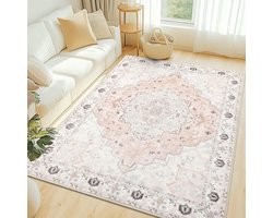 Olanly Woonkamerkleed - Zacht Bloemmotief Tapijt - Machinewasbaar Vintage Tapijt - 183x275 cm - Rechthoekig - Lichtroze