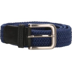 Old West Geweven Elastische Riem Stretch - Rekbaar Elastiek met echt Leer – Blauw - Lengte totaal 120 cm / Riemmaat 105