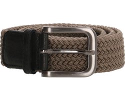 Old West Geweven Elastische Riem Stretch - Rekbaar Elastiek met echt Leer – Taupe - Lengte totaal 120 cm / Riemmaat 105