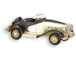 Oldtimer modelauto cabrio – Blik/Metaal – vintage retro decoratie, klassieke miniatuur auto, woonaccessoire, cadeau voor verzamelaars, zwart-crème, 16,1 cm lang