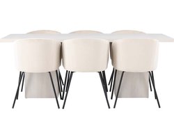 Olga eethoek tafel wit en 6 berit stoelen beige.