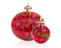 Olielamp – Handgemaakte Bolvormige Glazen Sfeerlamp – Rood & Goud – Cadeau – 13CM – Inclusief Lampenolie