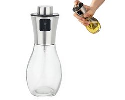Oliespuit - Oliefles - Oliefles met drukmechanisme - Spuitfles - Kooksprayfles - Conisch - 200 ml - Gecontroleerde dosering - Glas - Keukengereedschap - Geschikt voor koken, grillen, salades, bakken en frituren - Transparant
