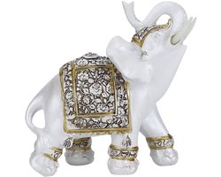 Olifant Beeldje Hars - Feng Shui Sculptuur - Gouden Bloem Porselein - Decoratie voor Thuiskantoor - Afmetingen 11x4,5x11cm - Rijkdom en Geluk - Decoratiebeeldje