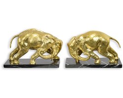 Olifant Boekensteunen van Brons met Gouden Afwerking – Luxe Decoratieve Boeksteunen op Marmeren Voetstuk – Stijlvolle Eyecatcher voor Woonkamer of Kantoor