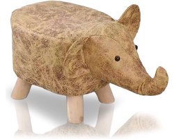 Olifant Voetenbankje Gestoffeerd - Comfortabele Houten Kruk met PU-Leer Bekleding (Bruin)