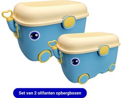 Olifanten Opberg box voor kinderen - Speelgoedkist - Blauw - Set van 2 opbergers - Met wieltjes en Deksel - Set met 1 grote en 1 kleine opberg olifant