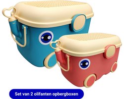 Olifanten Opberg box voor kinderen - Speelgoedkist - Set van 2 opbergboxen - Met wieltjes en Deksel - Set met 1 grote en 1 kleine opberg olifant
