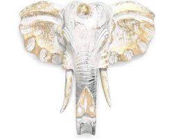 Olifantenkop Decoratie - Wanddecoratie Olifant - Woonkamer Aankleden - Handgesneden Albesia Hout - Groot Formaat - Goud Wit