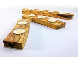 Olijfhout Kaarsenhouder - Houten Kandelaars Set - Sfeerverlichting Thuis - Handgemaakt Uniek Design - 20/25/5 cm - Natuurlijk Hout