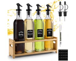 Olijfoliefles met Houten Standaard, 500 ml, Set van 4 Glazen Flessen, Olijfolie Dispenser met Trechter, Azijn en Olie Flessen Set met Etiketten, Kurkstoppen voor Olie en Azijn, Keukenaccessoires Set