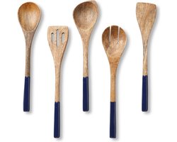 Oliva's - Keukengerei set - Kookgerei / Keukenset met o.a. spatels en opscheplepels - 5 delig - Blauw & Hout