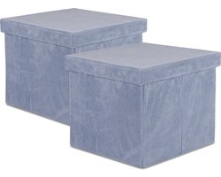 Oliva's - Opbergbox - Opbergmand met deksel - Opbergdoos - Opberg poef - Set van 2 stuks - Velvet ribstof - Blauwgrijs