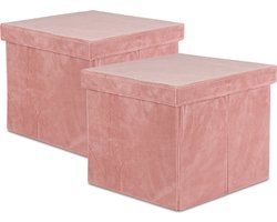 Oliva's - Opbergbox - Opbergmand met deksel - Opbergdoos - Opberg poef - Set van 2 stuks - Velvet ribstof - Roze