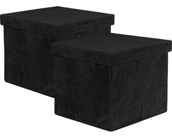 Oliva's - Opbergbox - Opbergmand met deksel - Opbergdoos - Opberg poef - Set van 2 stuks - Velvet ribstof - Zwart