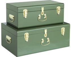 Oliva's - Opbergkist - Opbergdoos - Speelgoedkist - Metalen koffers - Set van 2 grote metalen kisten - Groen