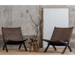 Oliver lounge stoel - bruin - binnen - runder leer - teak hout - design lounge stoel - comfortable fauteuil - inklapbaar en opklapbaar - hoogwaardig kwalitatief teakhout - premium kwaliteit