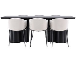 Olivia eethoek tafel 100x210cm en 6 velours stoelen met armleuningen zwart.