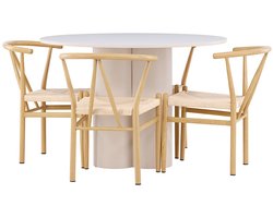 Olivia eethoek tafel Ø110cm en 4 stoelen met armleuningen stapelbaar beige.