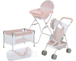 Olivia's Little World - Polka Dot Prinsessenset voor Poppen - Wieg, Kinderstoel & Kinderwagen - Roze & Grijs