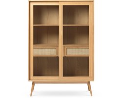 Olivine Boas Houten Vitrinekast Naturel - Glas - Rotan - met 3 Planken en 2 Lades - Retro - Scandinavisch - Buffetkast - Bruin - 110 x 40 x 160 cm
