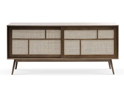 Olivine Boas Sideboard Gerookt Eiken - Hout - Rattan - Dressoir - met Schuifdeuren - Verstelbare Planken Retro - 180 x 45 x 80 cm