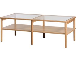 Olivine Boris Eikenhouten Salontafel Naturel - Met Glazen Tafelblad - Hout - Met Opbergruimte - Koffietafel - 120 x 60 x 41 cm