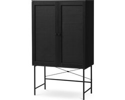 Olivine Jari Opbergkast Zwart - Hout - met Rattan Deuren - Zwarte Metalen Poten - Verstelbare Planken - Dichte Kast - Industrieel - 80 x 40 x 135 cm