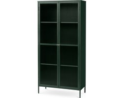 Olivine Katja Hoge Metalen Vitrinekast - met Ribglas - 2 Deuren - Verstelbare Planken - Buffetkast - Industrieel - 90 x 40 x 190 cm - Groen