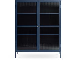 Olivine Katja Metalen Vitrinekast Blauw - met Geribbeld Glas - 2 Deuren - Verstelbare Planken - Dressoir - Industrieel - 111 x 40 x 140 cm