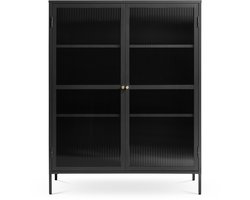 Olivine Katja Metalen Vitrinekast Zwart - met Geribbeld Glas - 2 Deuren - Verstelbare Planken - Dressoir - Industrieel - 111 x 40 x 140 cm