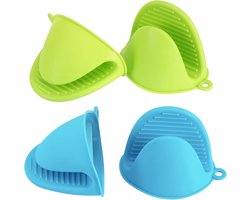 OLOEY 4 stuks hittebestendige siliconen ovenwanten-siliconen pannenlappen voor in de keuken-mini-ovenwanten van rubber-schattige kookwanten (blauw en groen)