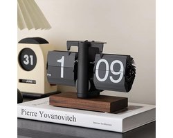 OLOEY Retro digitale klok met neerklapbaar display-batterijgevoede klok met intern tandwielaandrijving-klassiek mechanisch-voet van zwart walnotenhout-voor decoratie thuis en op kantoor (zwart)