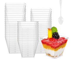 OLOEY Verpakking van 100 herbruikbare dessertglaasjes(60 ml)–Vierkante dessertcupjes voor pudding-mousse en ijs–Voor verjaardagen(Transparant)(100 stuks)