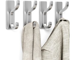 OLOEY Zelfklevende kledinghaken-Stevige en duurzame zelfklevende deurhaken-metalen haken voor het ophangen van handdoeken-tassen-badjassen-rugzakken-jassen en kleding-Geschikt voor badkamers-studentenkamers-kledingkasten en keukens-Zilver-4 stuks