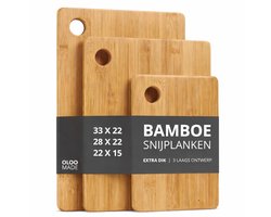 OLOO MADE Snijplankenset 3 Stuks – Extra Dik Bamboe Hout – 3-Delig – Snijplank – Borrelplank – Tapasplank – Kaasplank – 33×22 | 28×22 | 22×15 cm