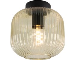 Olucia - Amberkleurige plafondlamp Charlois, glas, retro - Geschikt voor Woonkamer - Vorm: Rond