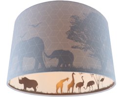 Olucia - Blauwe dieren kinderkamer plafondlamp Safari, Binnenzijde doorschijnend - Geschikt voor Tienerkamer/Kinderkamer/Babykamer - Vorm: Cilinder
