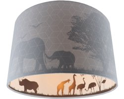 Olucia - Grijze dieren kinderkamer plafondlamp Safari, Binnenzijde doorschijnend - Geschikt voor Babykamer/Kinderkamer/Tienerkamer - Vorm: Cilinder