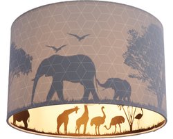 Olucia - Grijze dieren kinderkamer plafondlamp Safari, Binnenzijde doorschijnend - Geschikt voor Tienerkamer/Kinderkamer/Babykamer - Vorm: Cilinder