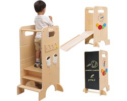 Olvy Kids - 4-in-1 Leertoren - Keukenhulp - Learning Tower - Montessori Leertoren - Kindertrap - Keukentoren - Met Glijbaan
