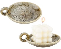OLYCRAFT 2 Stks 12.3x14.5cm Porseleinen Plaat Kaars Houder Ronde Plaat Kaars Tray Decoratieve Kandelaar Houder met Handvat Donkergroen Platte Ronde Kaars Plaat voor Bruiloft Thuis Spa Wierook Decor
